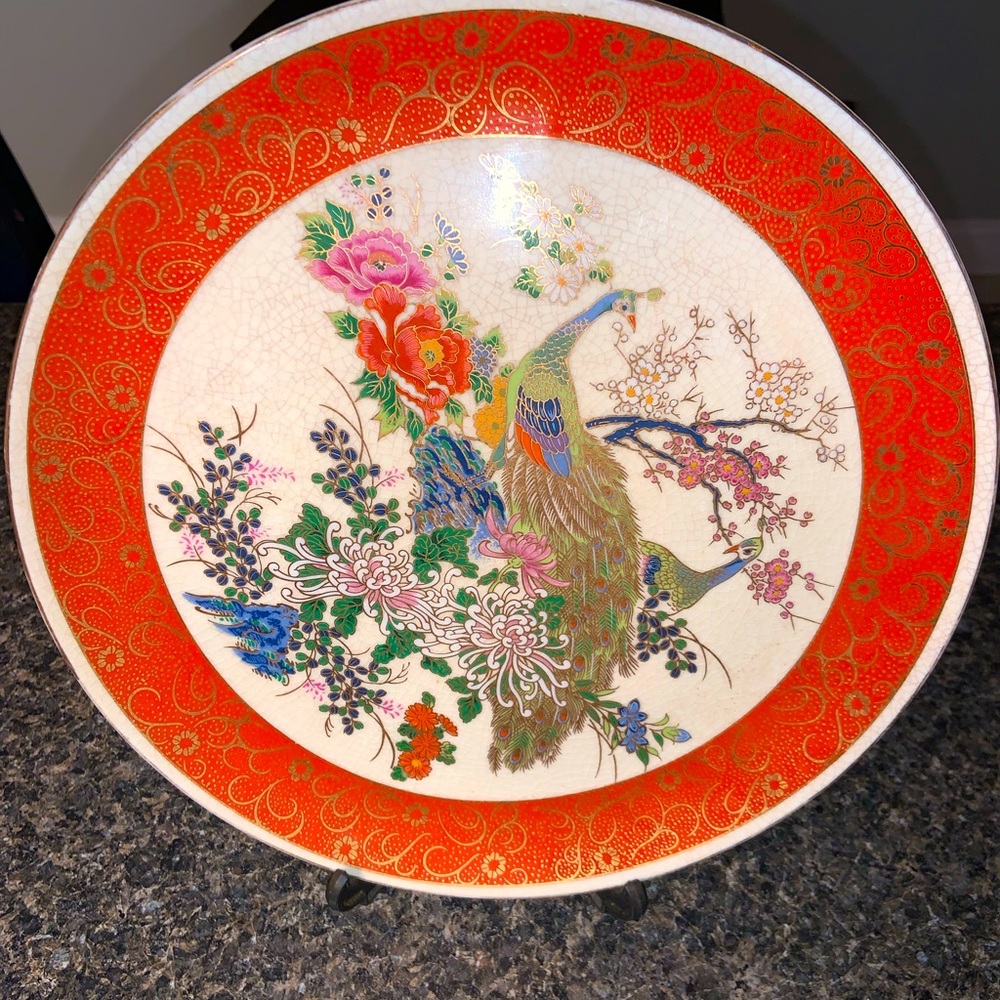 Antique Japanese peacock gold lined plate